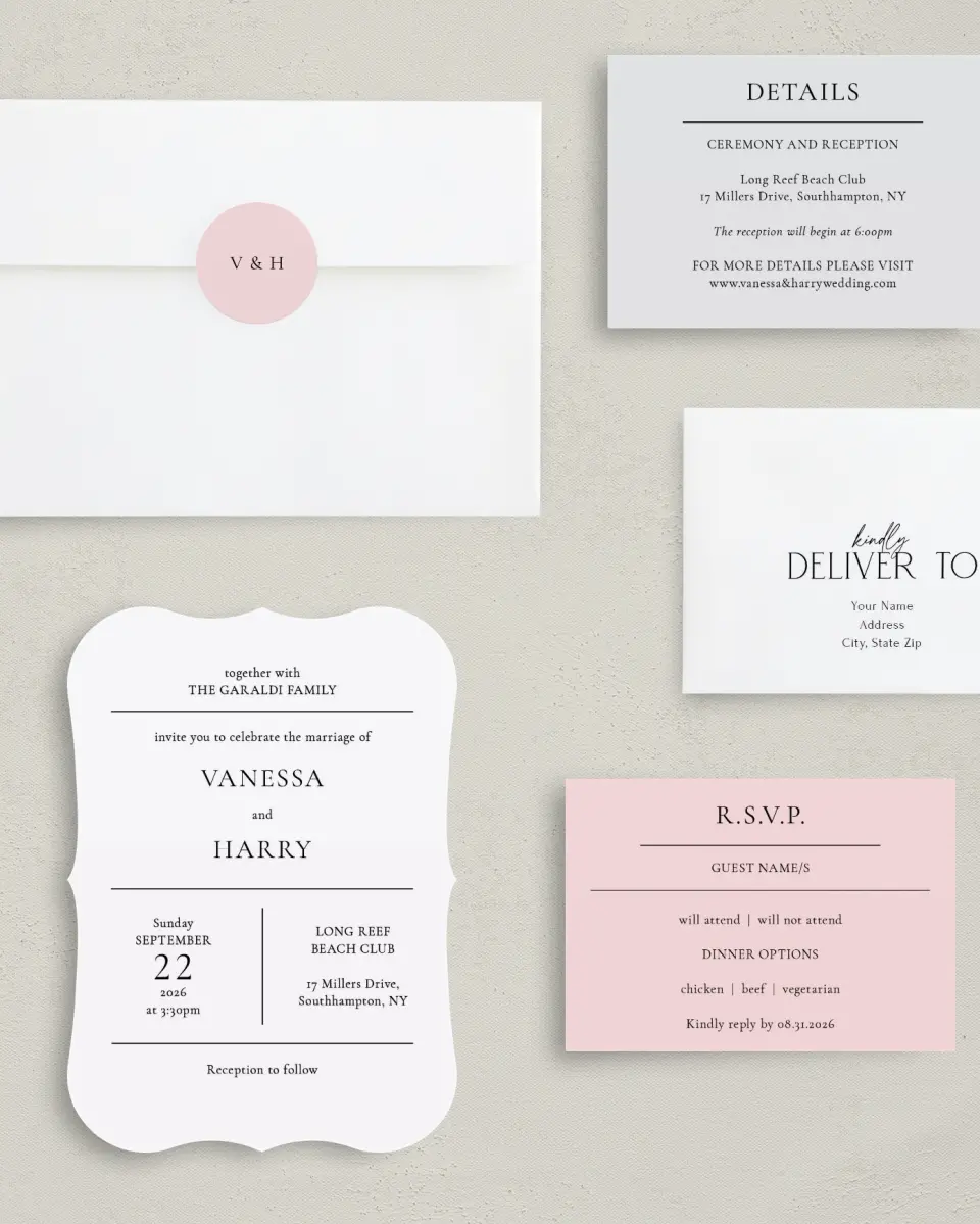 This is a 5" x 7" Bracket Wedding Invitation called Lovely Blush printed in full color on Premium Smooth paper