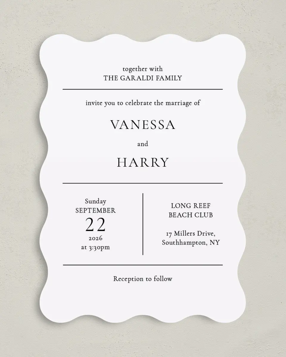 This is a 5" x 7" Wavy Wedding Invitation called Lovely Blush printed in full color on Premium Smooth paper