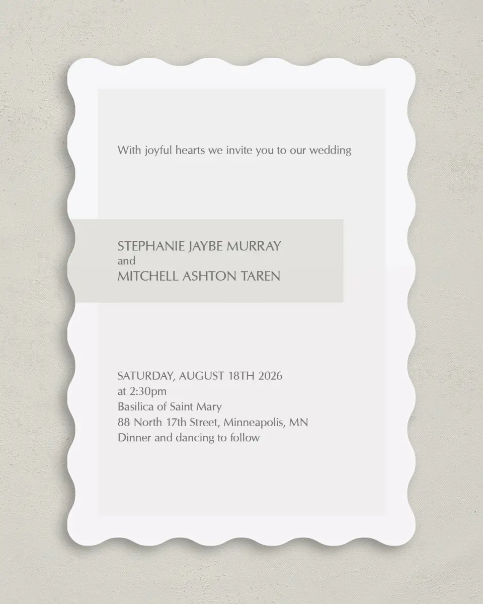This is a 5" x 7" Wavy Wedding Invitation called Exquisitely Simple printed in full color on Premium Smooth paper