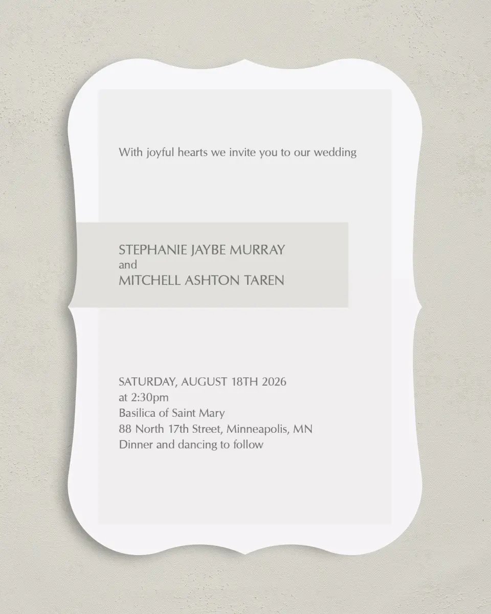This is a 5" x 7" Bracket Wedding Invitation called Exquisitely Simple printed in full color on Premium Smooth paper