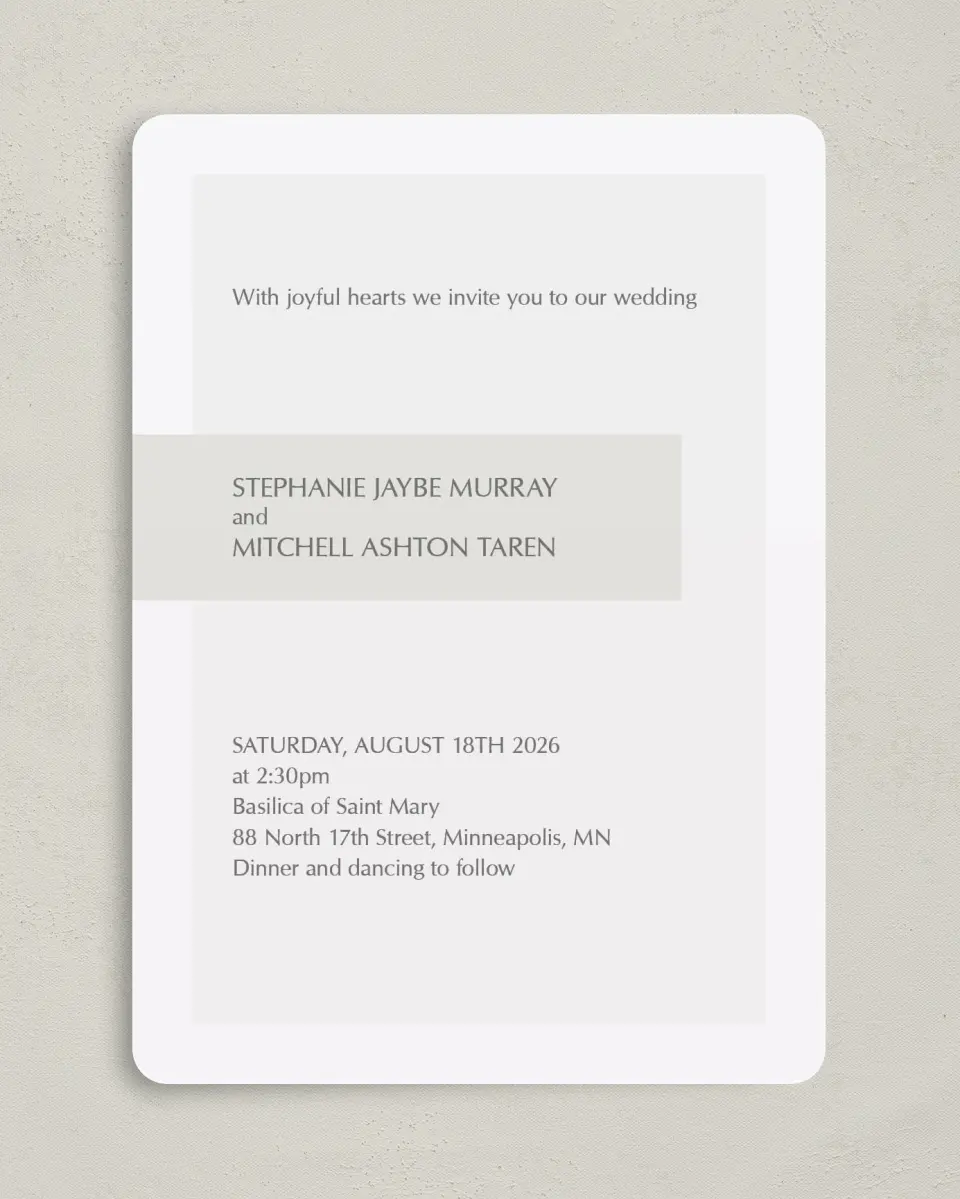 This is a 5" x 7" Rounded Wedding Invitation called Exquisitely Simple printed in full color on Premium Smooth paper