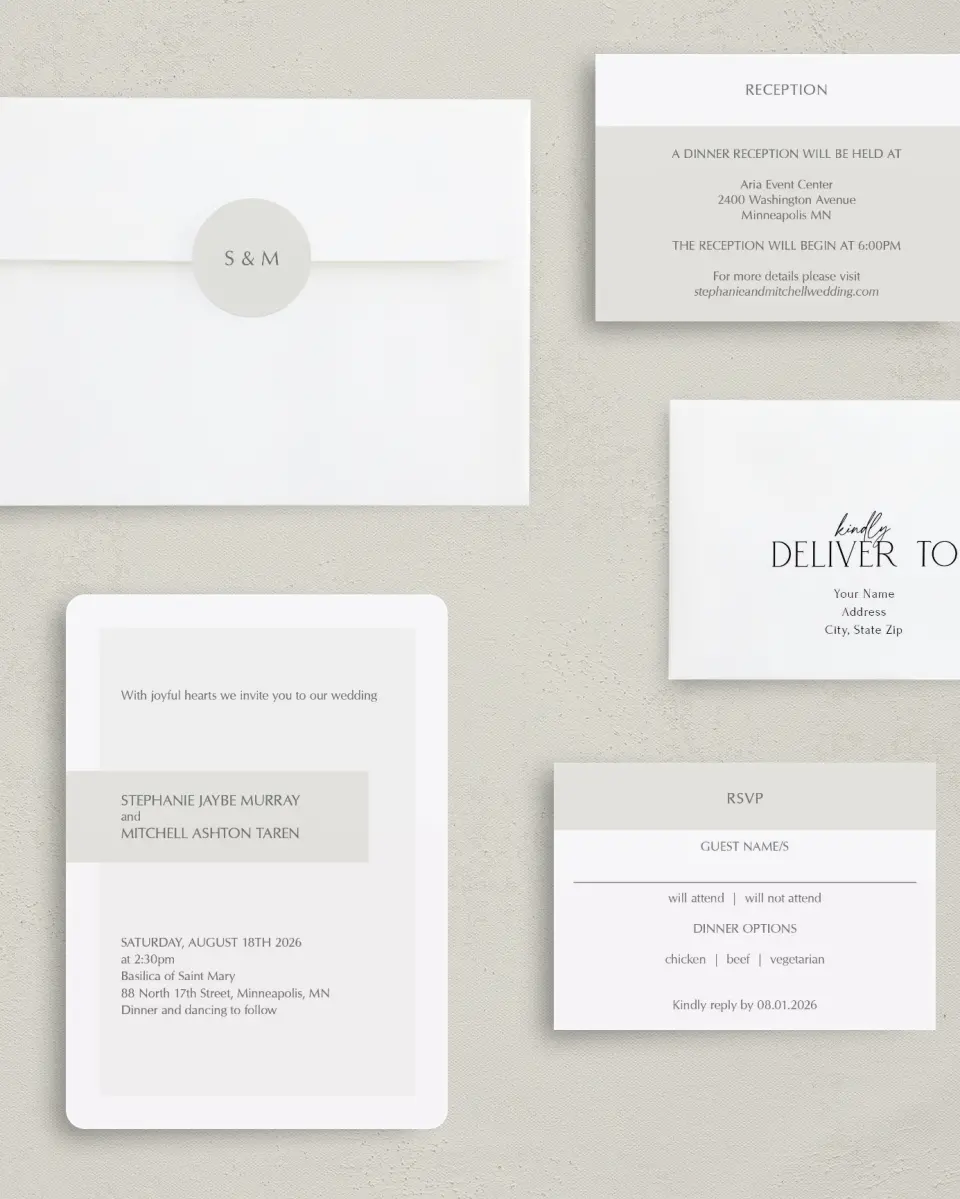 This is a 5" x 7" Rounded Wedding Invitation called Exquisitely Simple printed in full color on Premium Smooth paper