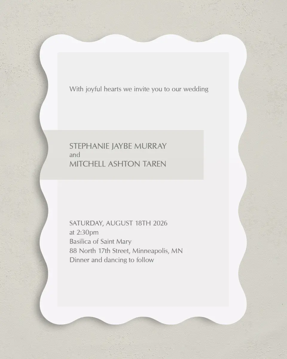 This is a 5" x 7" Wavy Wedding Invitation called Exquisitely Simple printed in full color on Premium Smooth paper