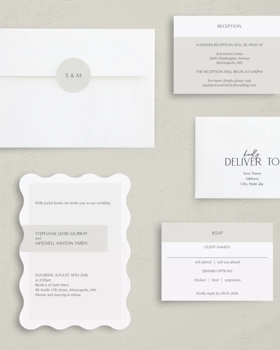 This is a 5" x 7" Wavy Wedding Invitation called Exquisitely Simple printed in full color on Premium Smooth paper