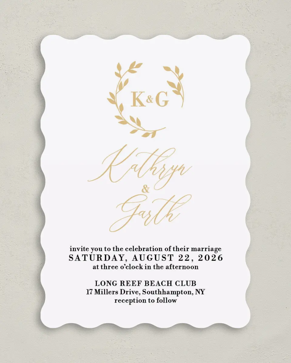 This is a 5" x 7" Wavy Wedding Invitation called Charming Monogram printed in full color on Premium Smooth paper