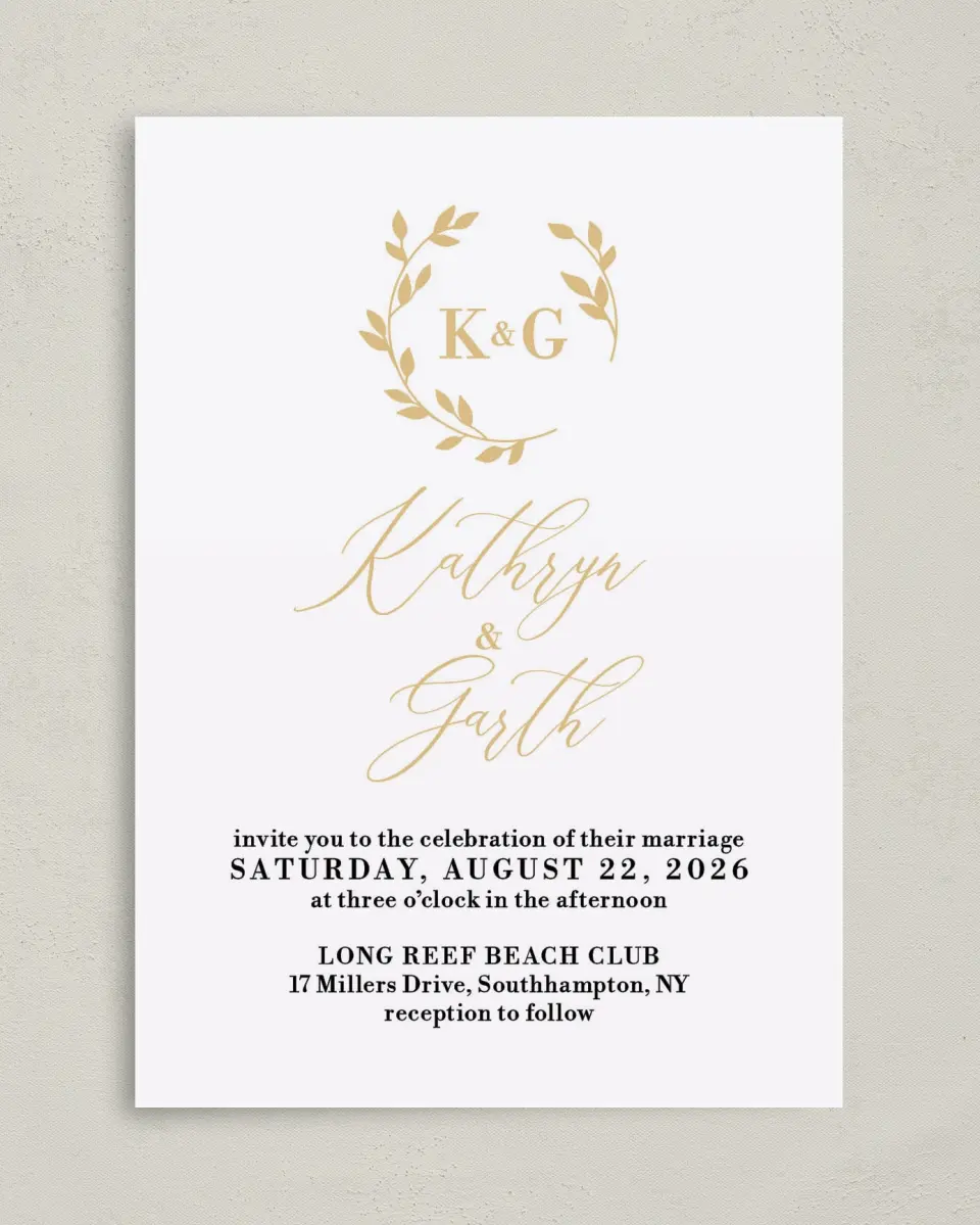 This is a 5" x 7" Classic Wedding Invitation called Charming Monogram printed in full color on Premium Smooth paper