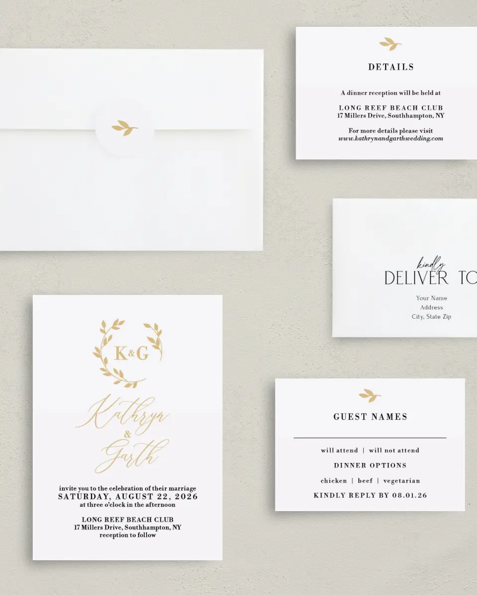 This is a 5" x 7" Classic Wedding Invitation called Charming Monogram printed in full color with Gold foil on Luxe Satin (coated) paper