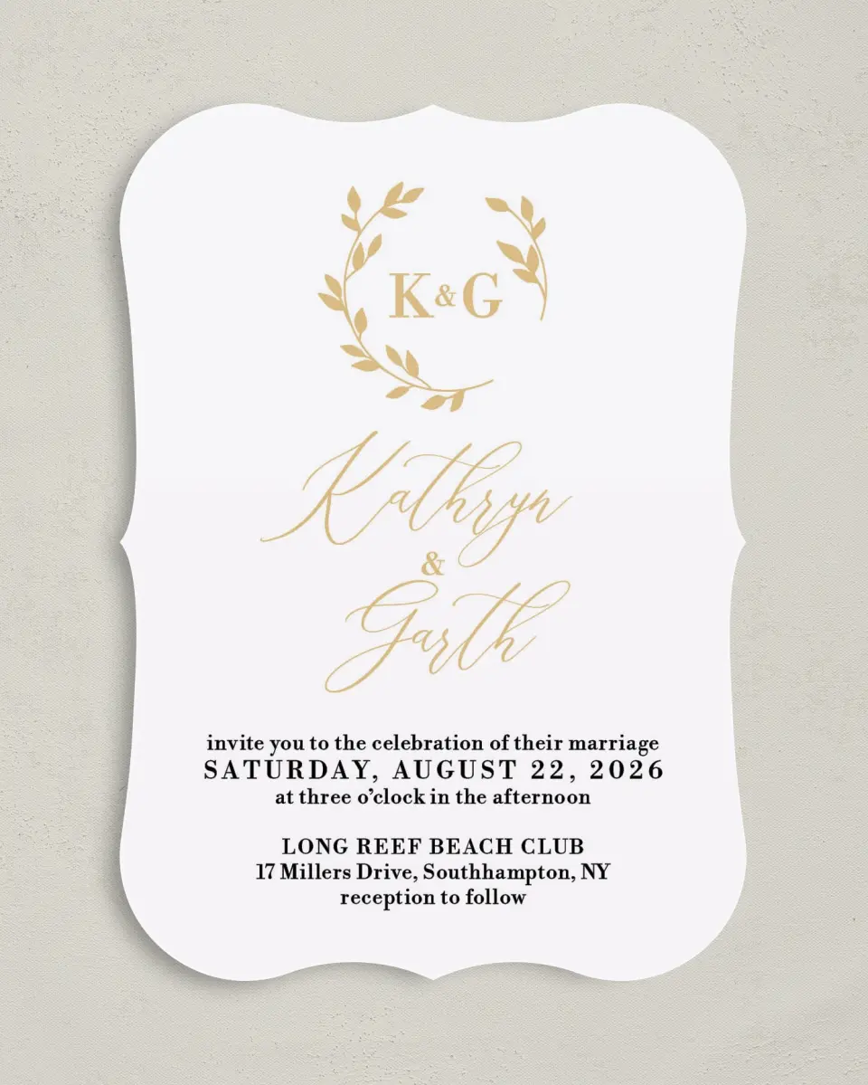 This is a 5" x 7" Bracket Wedding Invitation called Charming Monogram printed in full color on Premium Smooth paper