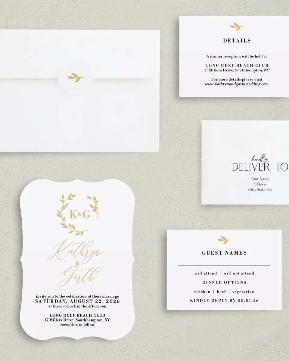 This is a 5" x 7" Bracket Wedding Invitation called Charming Monogram printed in full color with Silver foil on Luxe Satin (coated) paper