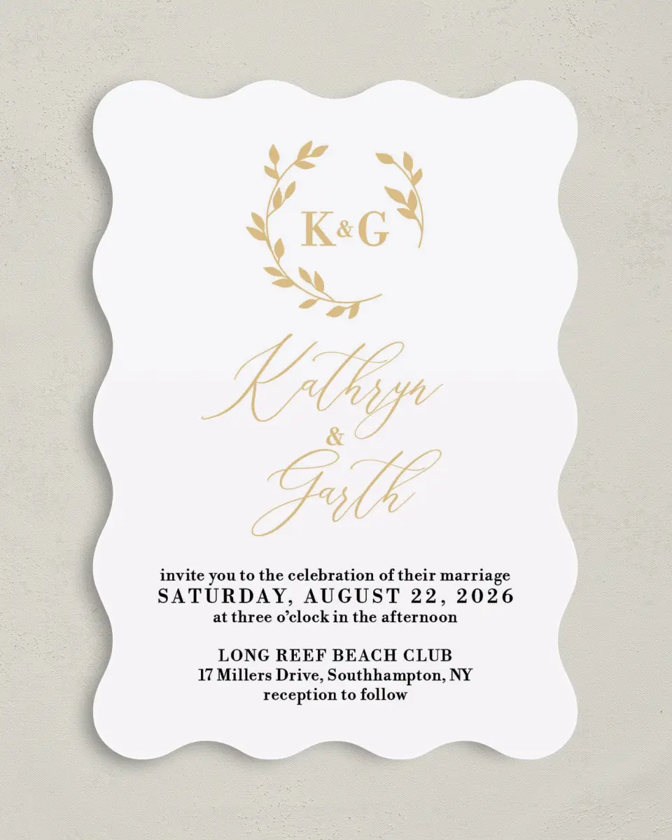 This is a 5" x 7" Wavy Wedding Invitation called Charming Monogram printed in full color on Premium Smooth paper