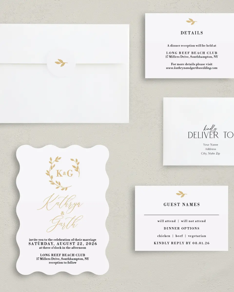 This is a 5" x 7" Wavy Wedding Invitation called Charming Monogram printed in full color with Silver foil on Luxe Satin (coated) paper
