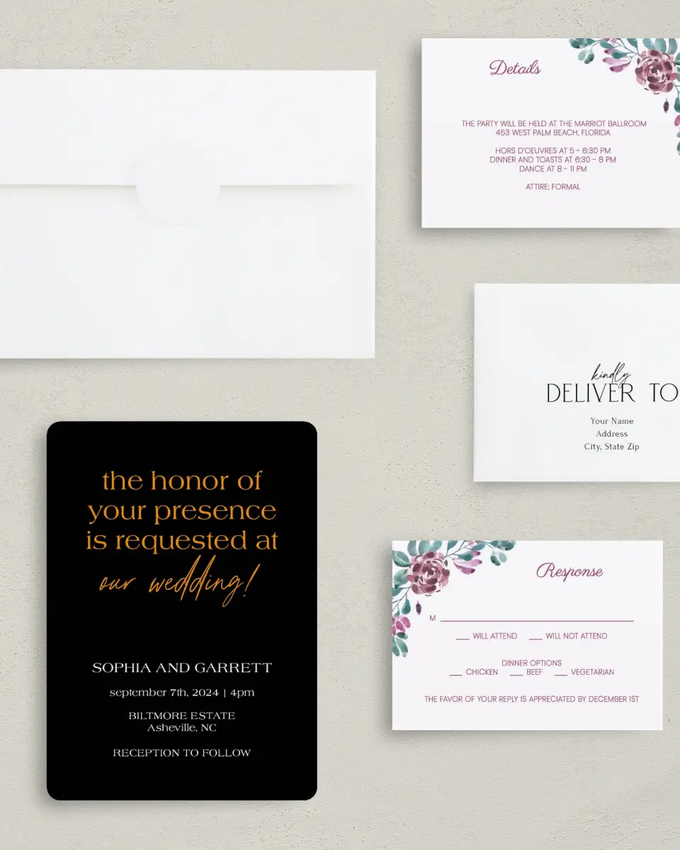 This is a 5" x 7" Quinceanera Invitation called Ethereal Floret printed in full color with Silver foil on Luxe Satin (coated) paper