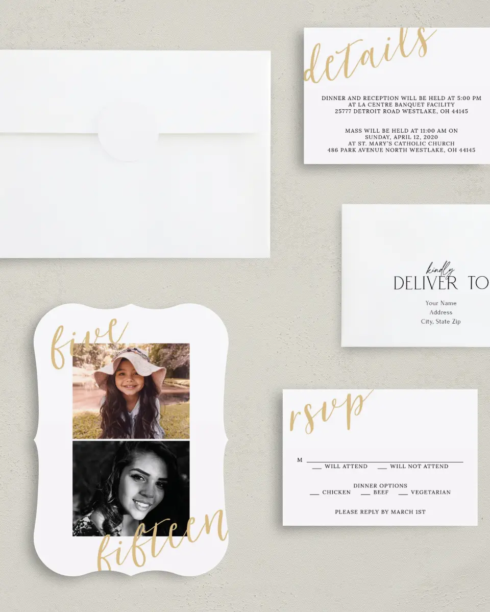 This is a 5" x 7" Quinceanera Invitation called Then & Now printed in full color with Silver foil on Luxe Satin (coated) paper