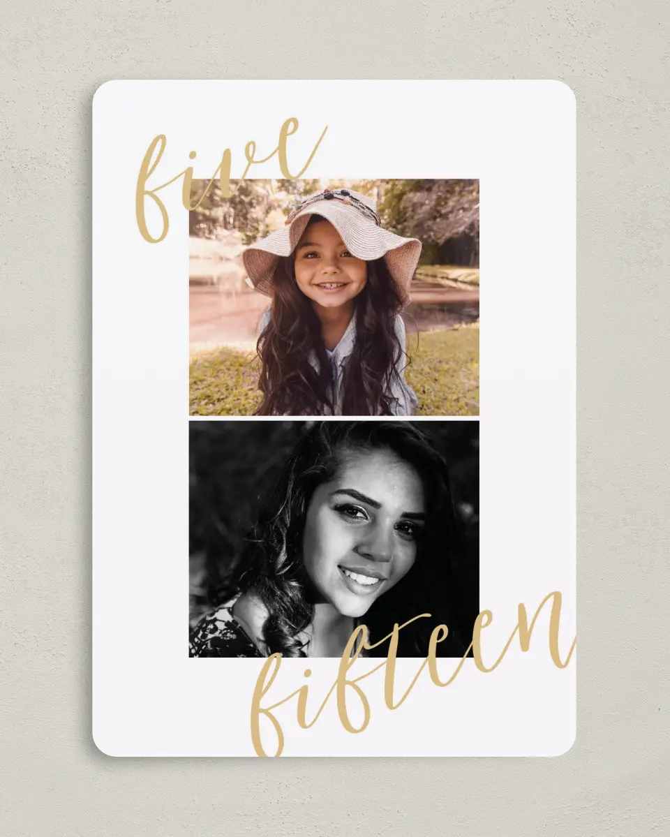 This is a 5" x 7" Quinceanera Invitation called Then & Now printed in full color on Premium Smooth paper