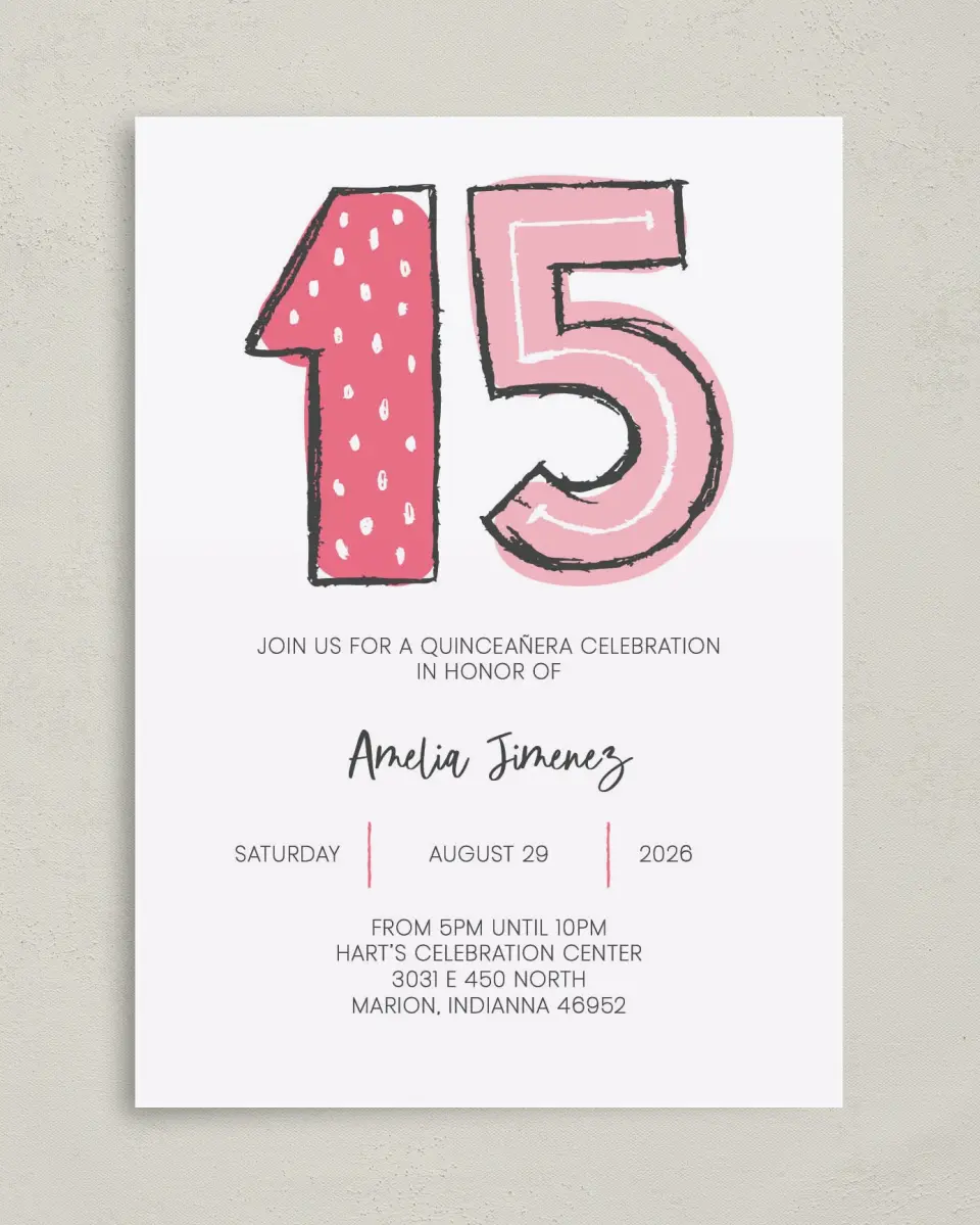 This is a 5" x 7" Quinceanera Invitation called Fun Fifteen printed in full color on Premium Smooth paper