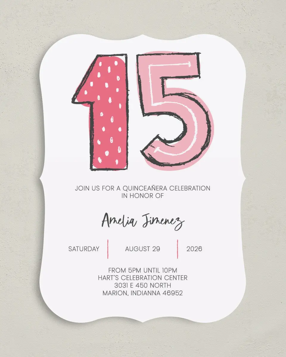This is a 5" x 7" Quinceanera Invitation called Fun Fifteen printed in full color on Premium Smooth paper