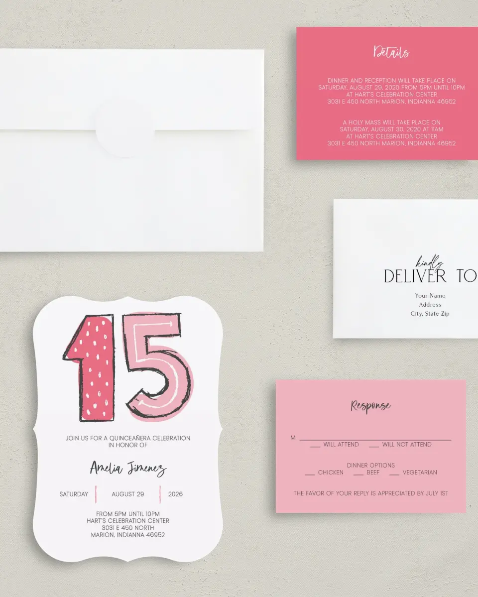 This is a 5" x 7" Quinceanera Invitation called Fun Fifteen printed in full color with Silver foil on Luxe Satin (coated) paper