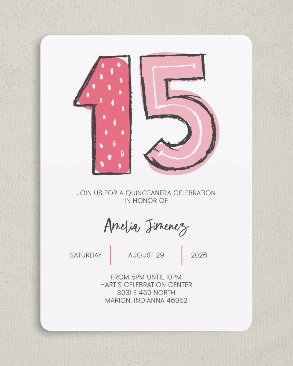 This is a 5" x 7" Quinceanera Invitation called Fun Fifteen printed in full color on Premium Smooth paper
