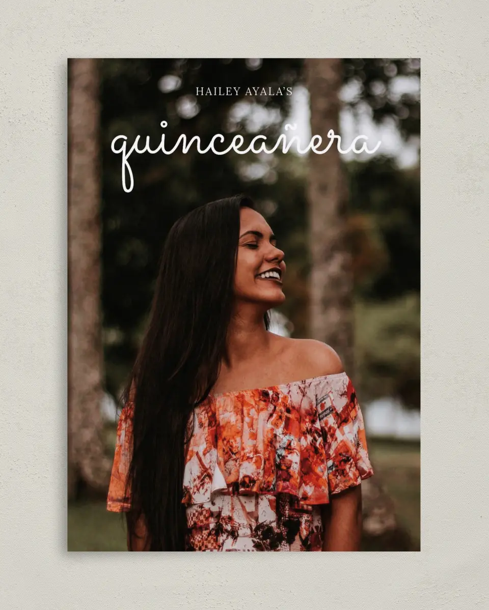 This is a 5" x 7" Quinceanera Invitation called Blissful Fifteen printed in full color on Premium Smooth paper