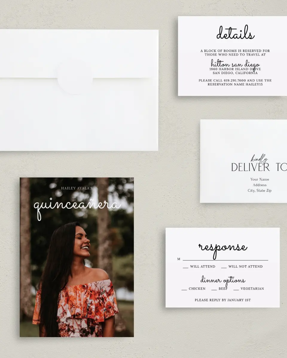 This is a 5" x 7" Quinceanera Invitation called Blissful Fifteen printed in full color with Silver foil on Luxe Satin (coated) paper
