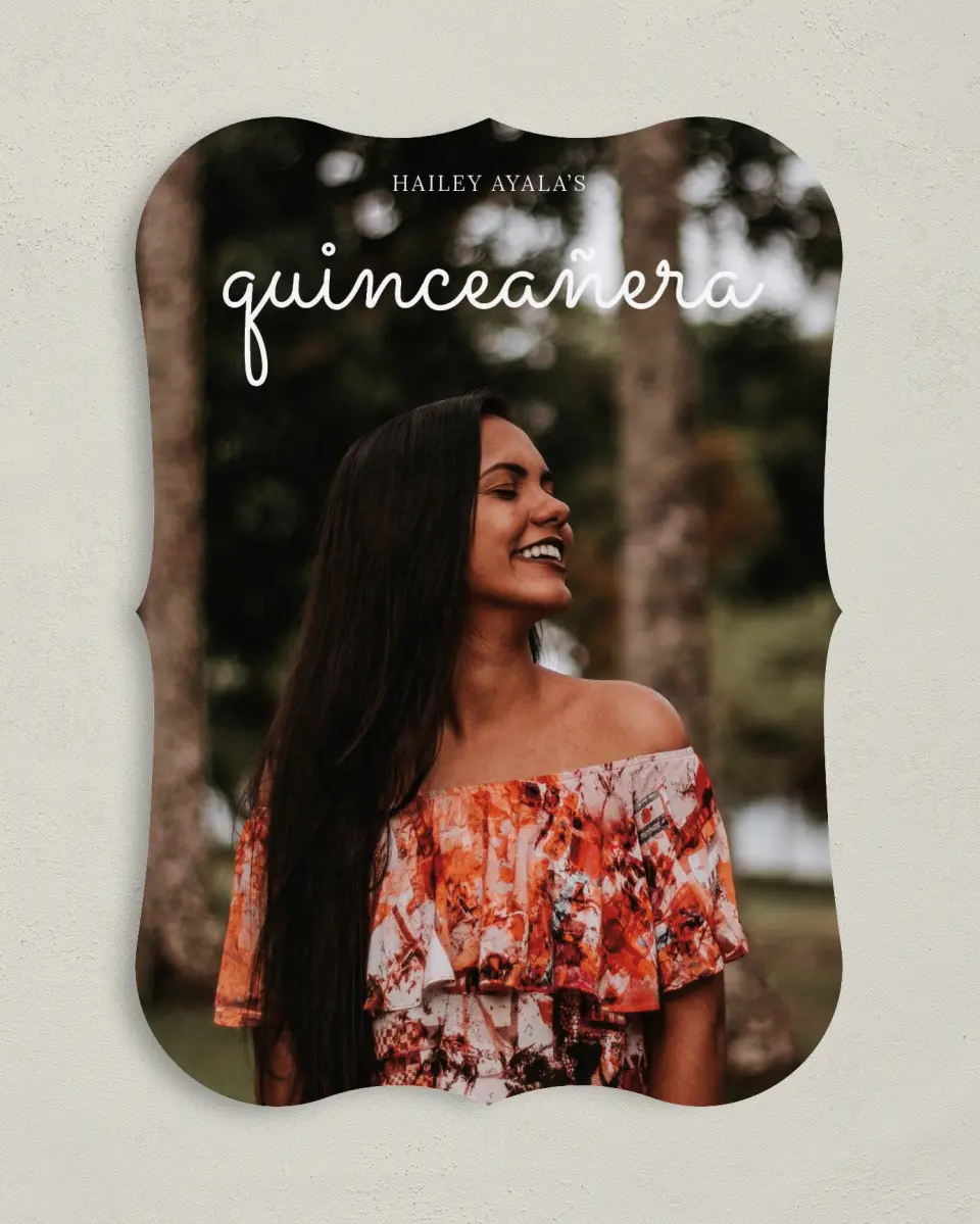 This is a 5" x 7" Quinceanera Invitation called Blissful Fifteen printed in full color on Premium Smooth paper