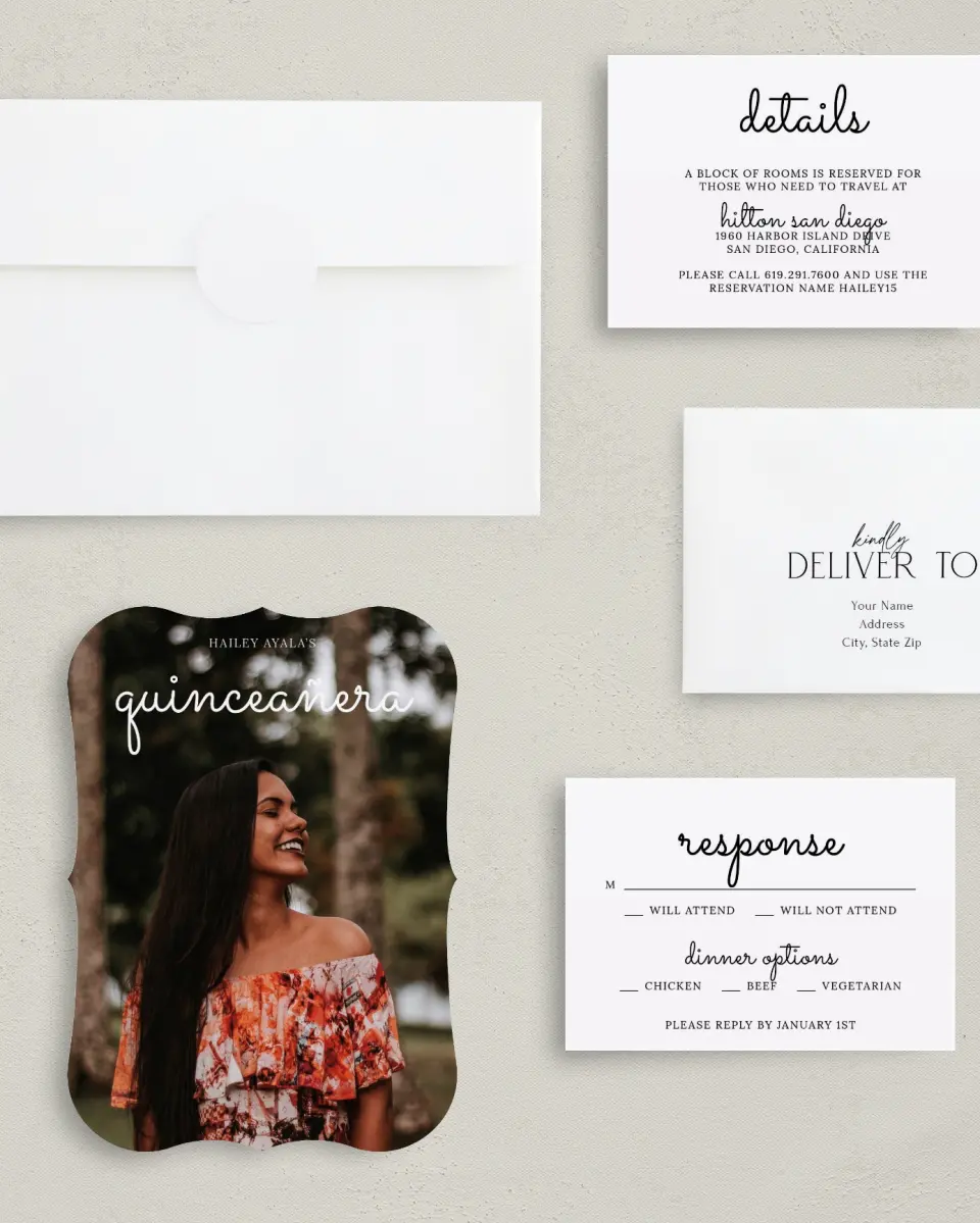 This is a 5" x 7" Quinceanera Invitation called Blissful Fifteen printed in full color with Silver foil on Luxe Satin (coated) paper