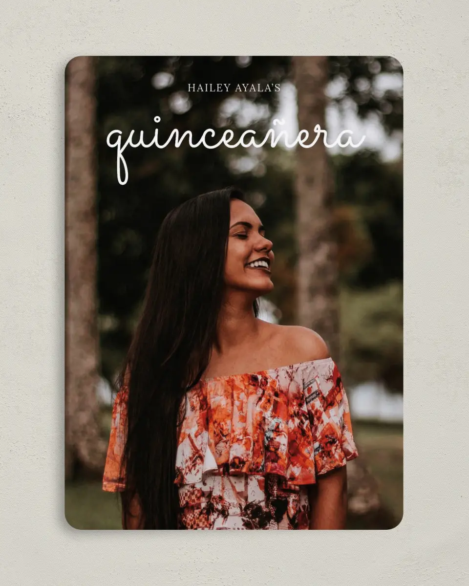 This is a 5" x 7" Quinceanera Invitation called Blissful Fifteen printed in full color on Premium Smooth paper