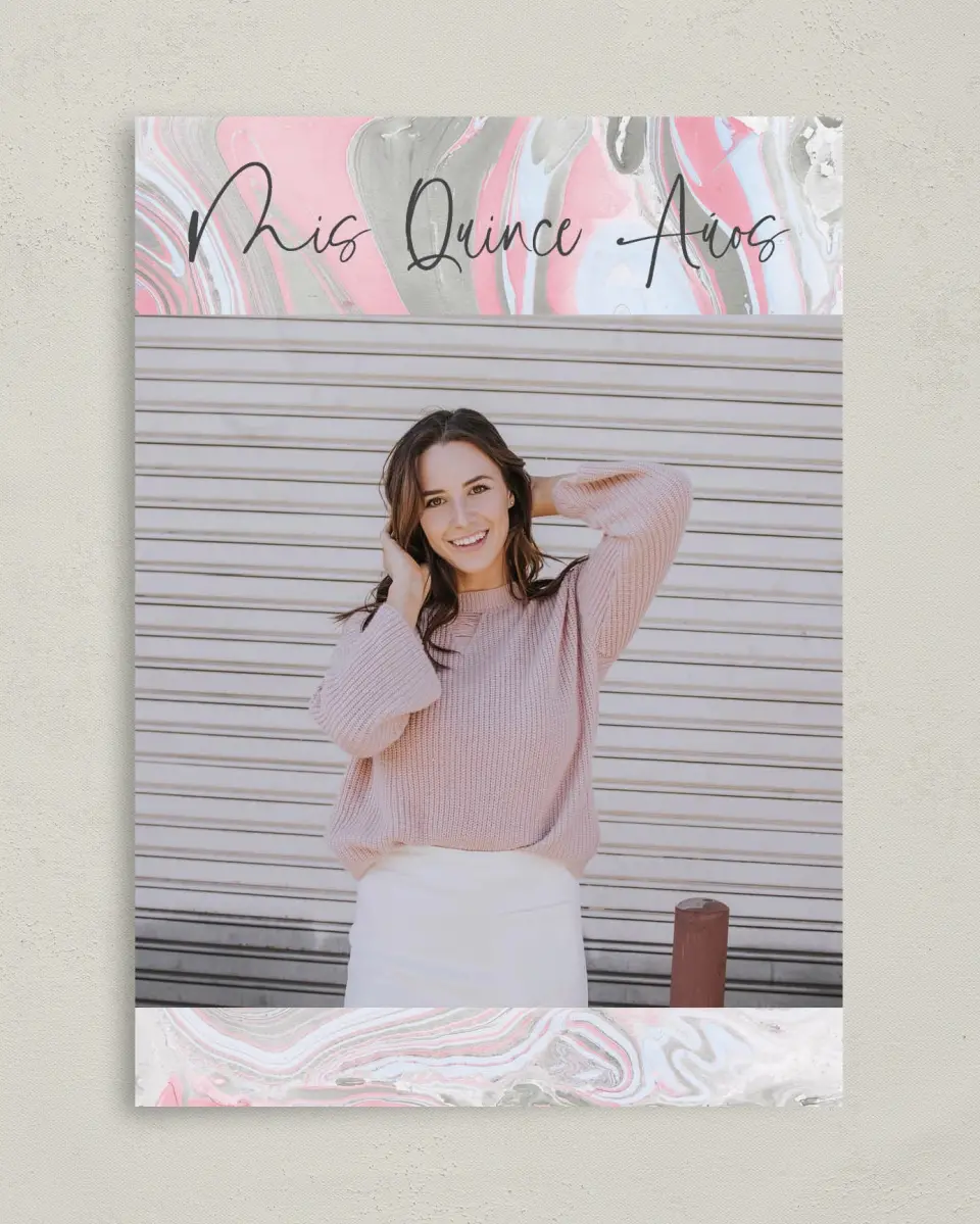 This is a 5" x 7" Quinceanera Invitation called Dazzling Marble printed in full color on Premium Smooth paper