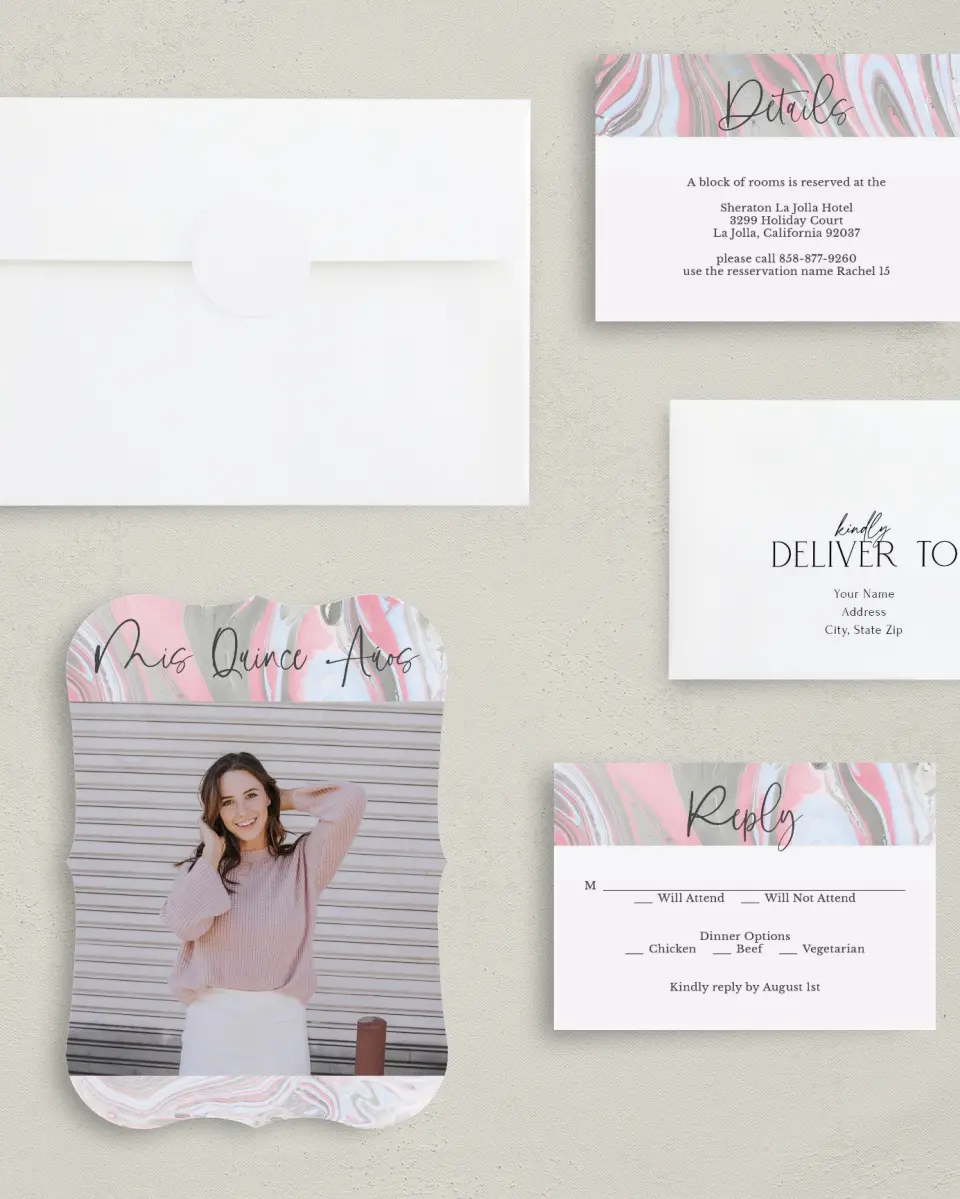 This is a 5" x 7" Quinceanera Invitation called Dazzling Marble printed in full color with Silver foil on Luxe Satin (coated) paper