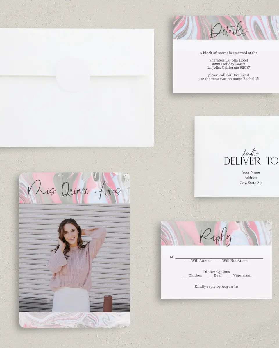 This is a 5" x 7" Quinceanera Invitation called Dazzling Marble printed in full color with Silver foil on Luxe Satin (coated) paper