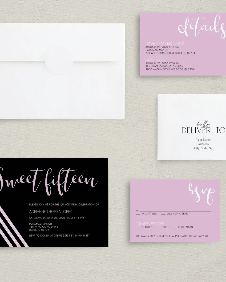 This is a 5" x 7" Quinceanera Invitation called Glitzy Gala printed in full color with Silver foil on Luxe Satin (coated) paper