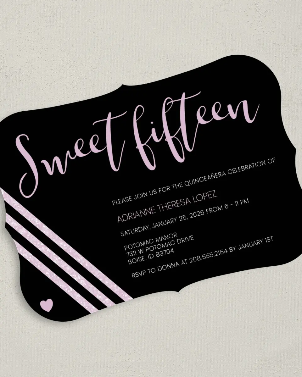 This is a 5" x 7" Quinceanera Invitation called Glitzy Gala printed in full color on Premium Smooth paper