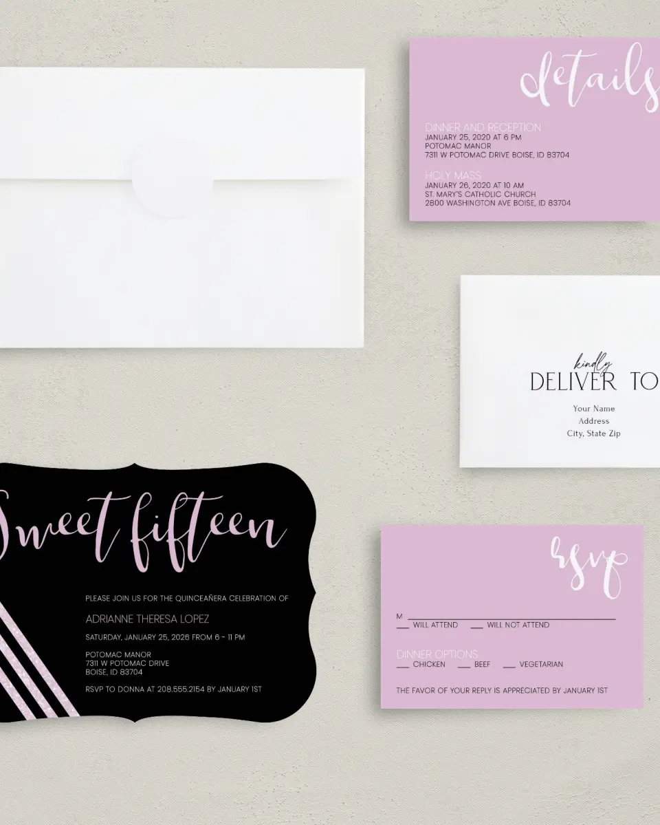 This is a 5" x 7" Quinceanera Invitation called Glitzy Gala printed in full color with Silver foil on Luxe Satin (coated) paper
