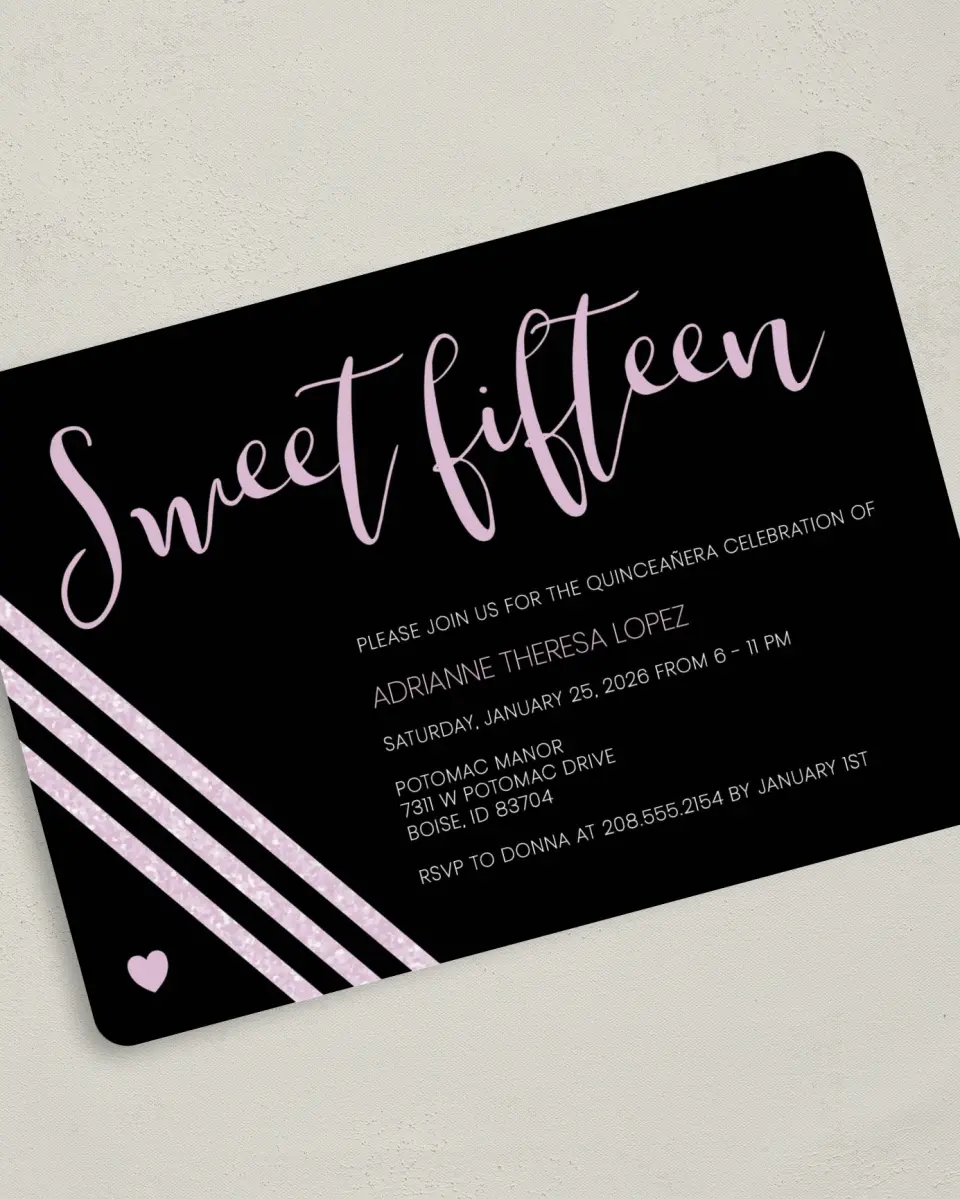 This is a 5" x 7" Quinceanera Invitation called Glitzy Gala printed in full color on Premium Smooth paper