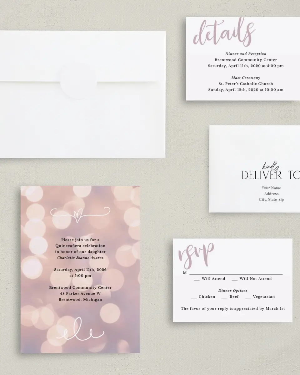 This is a 5" x 7" Quinceanera Invitation called Elegant Bokeh printed in full color with Silver foil on Luxe Satin (coated) paper