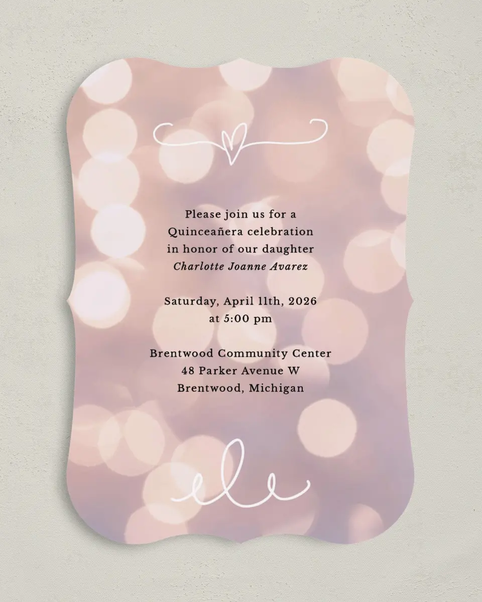 This is a 5" x 7" Quinceanera Invitation called Elegant Bokeh printed in full color on Premium Smooth paper