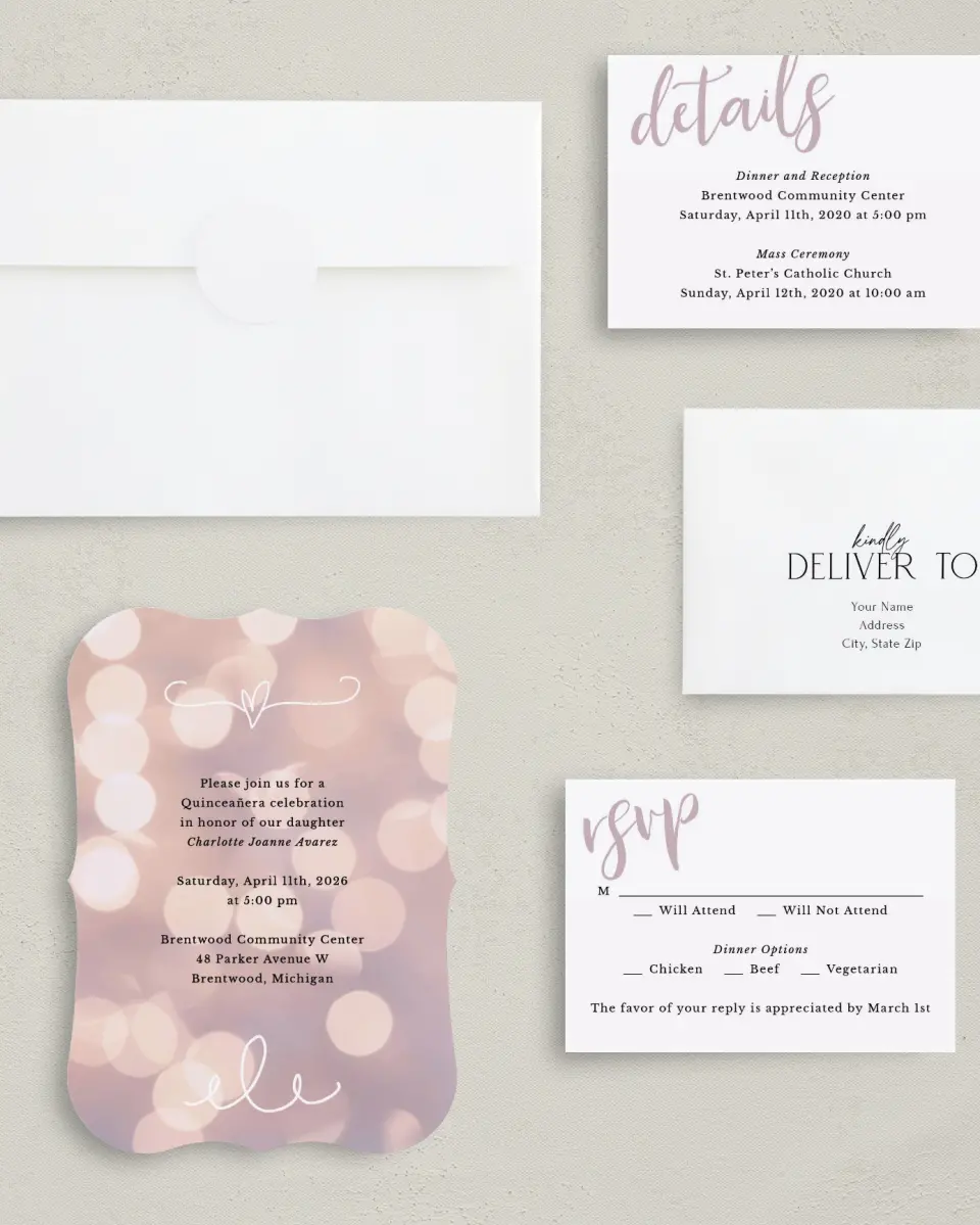 This is a 5" x 7" Quinceanera Invitation called Elegant Bokeh printed in full color with Silver foil on Luxe Satin (coated) paper