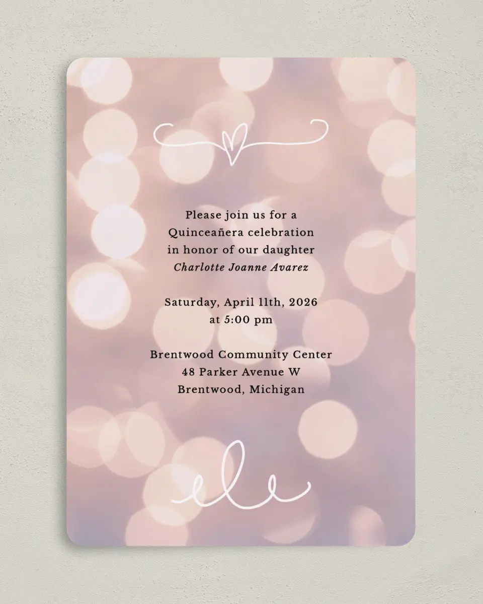 This is a 5" x 7" Quinceanera Invitation called Elegant Bokeh printed in full color on Premium Smooth paper