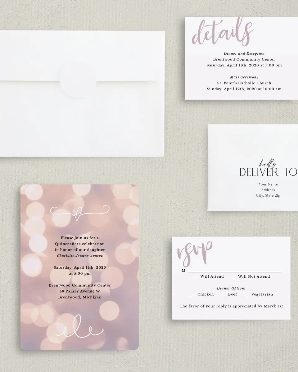 This is a 5" x 7" Quinceanera Invitation called Elegant Bokeh printed in full color with Silver foil on Luxe Satin (coated) paper