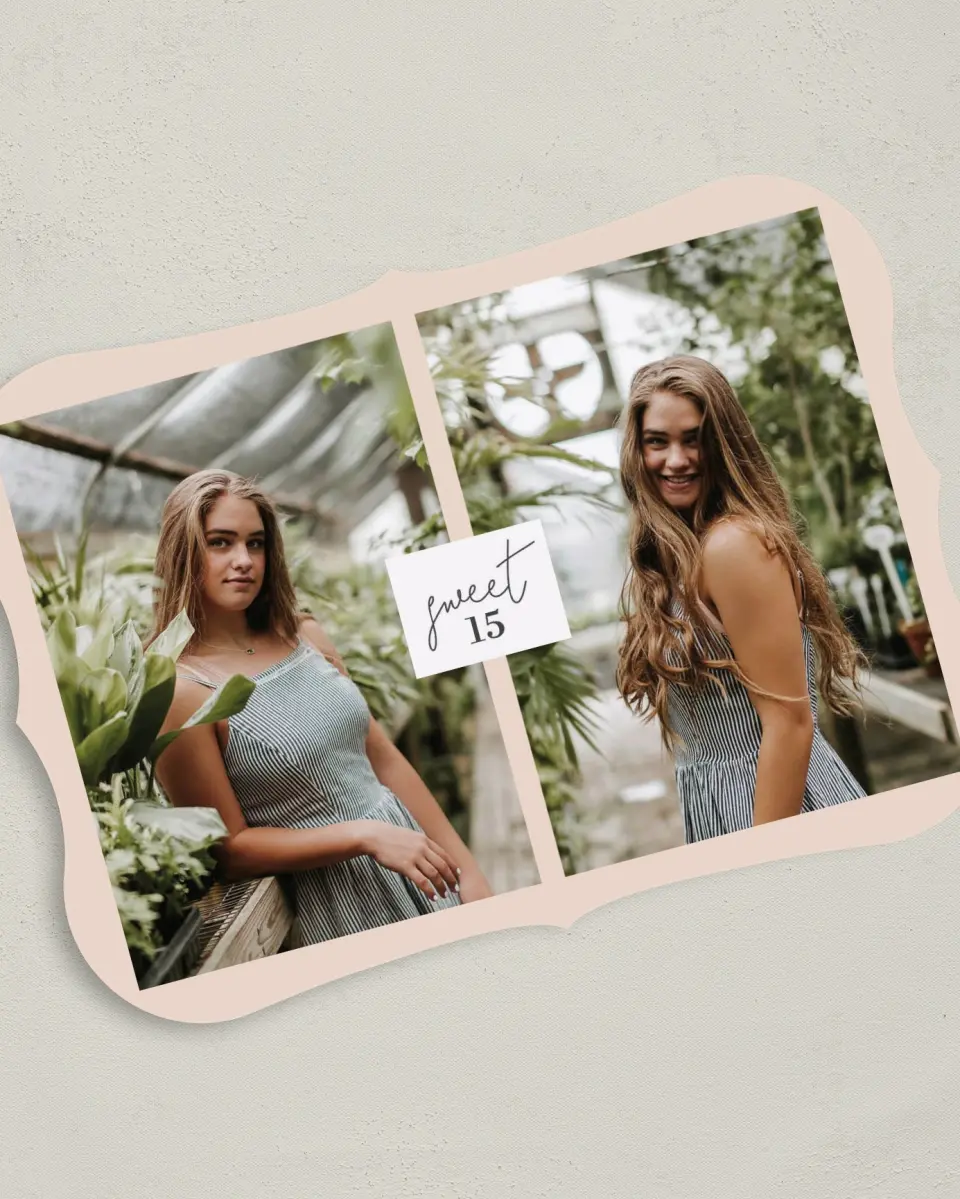 This is a 5" x 7" Quinceanera Invitation called Super Sweet 15 printed in full color on Premium Smooth paper