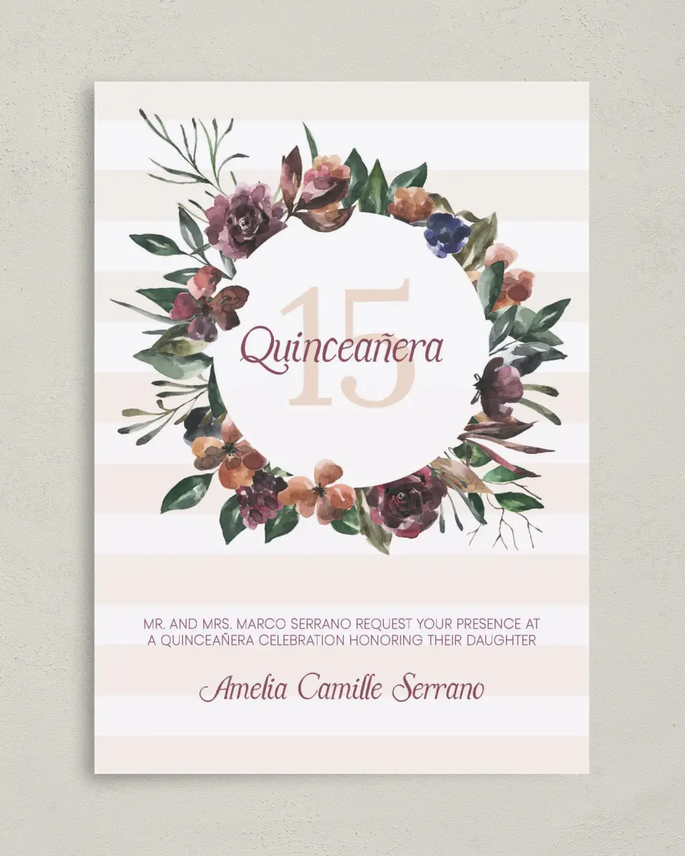 This is a 5" x 7" Quinceanera Invitation called Gracefully Fifteen printed in full color on Premium Smooth paper