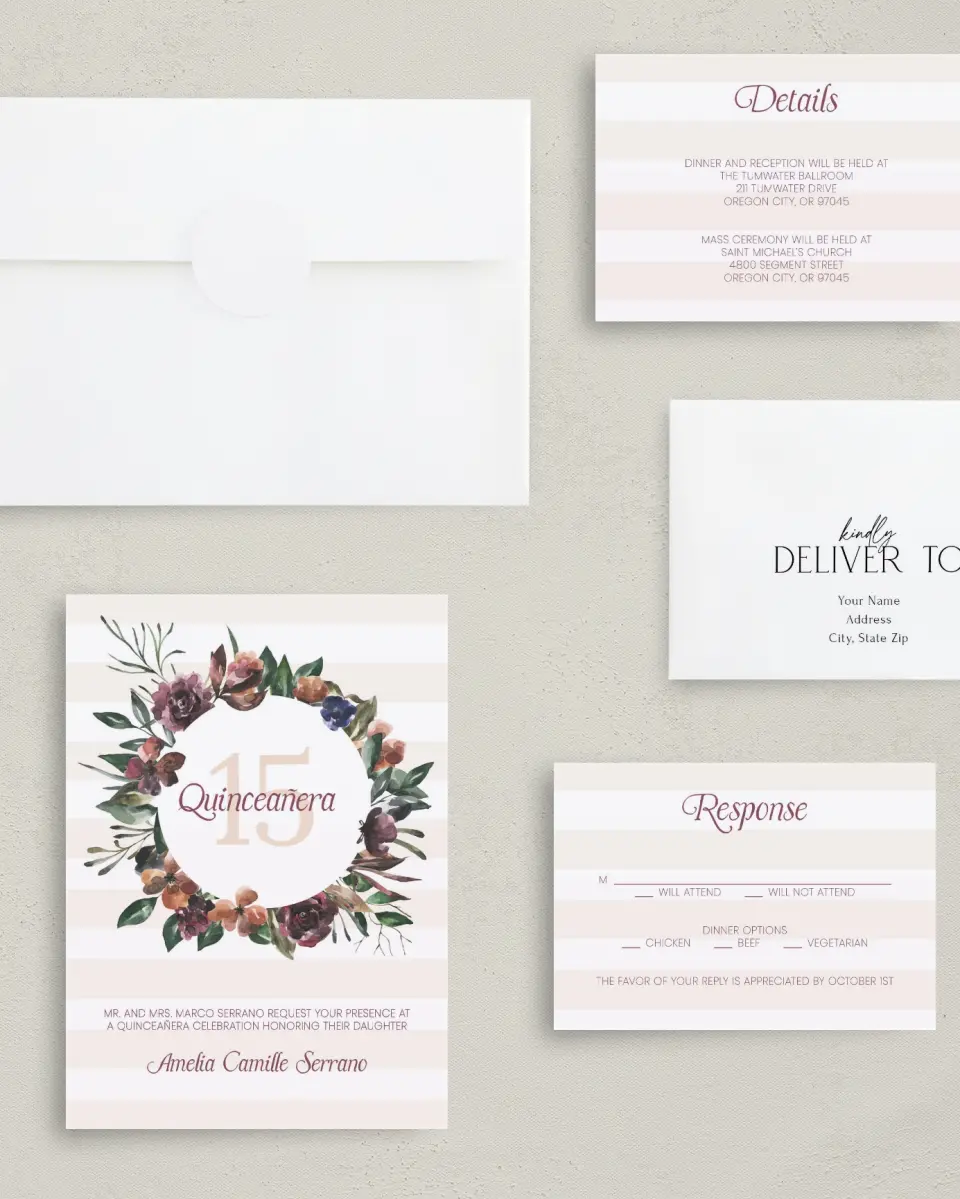 This is a 5" x 7" Quinceanera Invitation called Gracefully Fifteen printed in full color with Silver foil on Luxe Satin (coated) paper