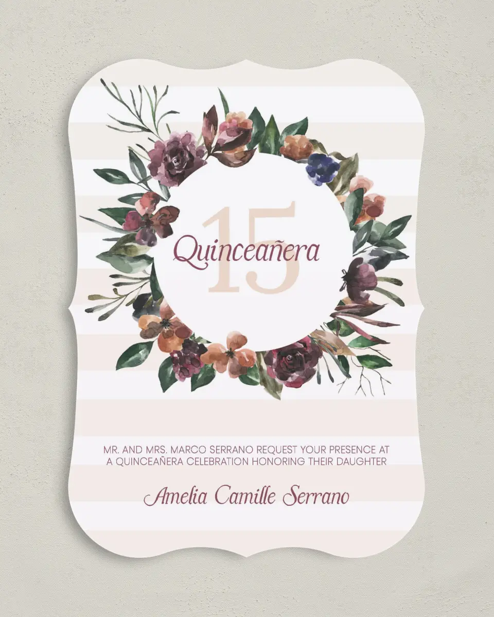 This is a 5" x 7" Quinceanera Invitation called Gracefully Fifteen printed in full color on Premium Smooth paper