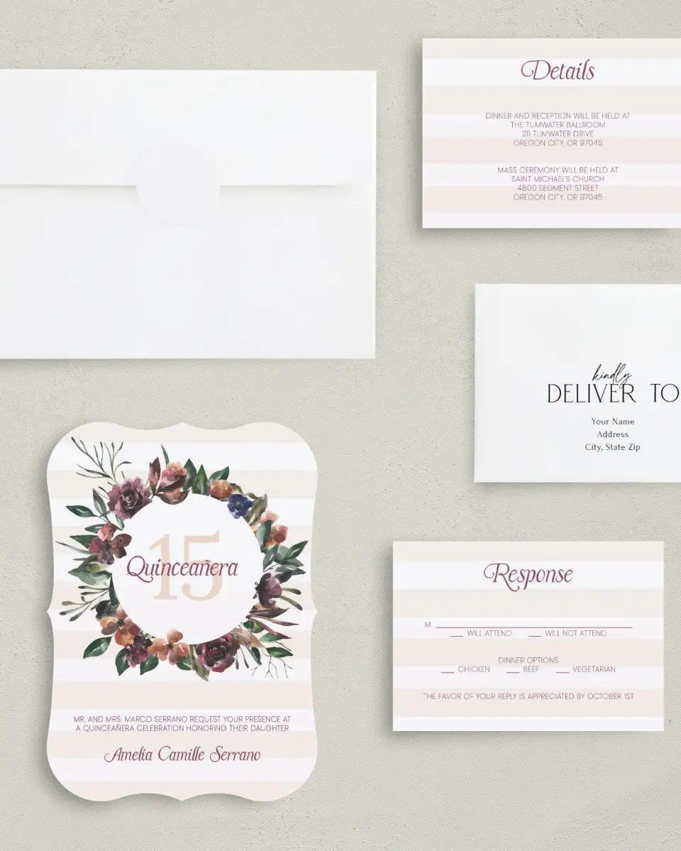 This is a 5" x 7" Quinceanera Invitation called Gracefully Fifteen printed in full color with Silver foil on Luxe Satin (coated) paper