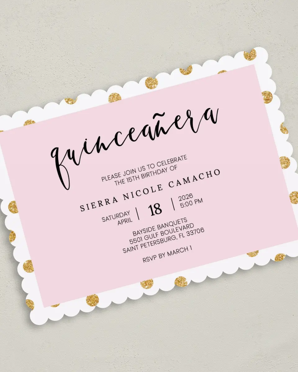 This is a 5" x 7" Quinceanera Invitation called Quince Glam printed in full color on Premium Smooth paper