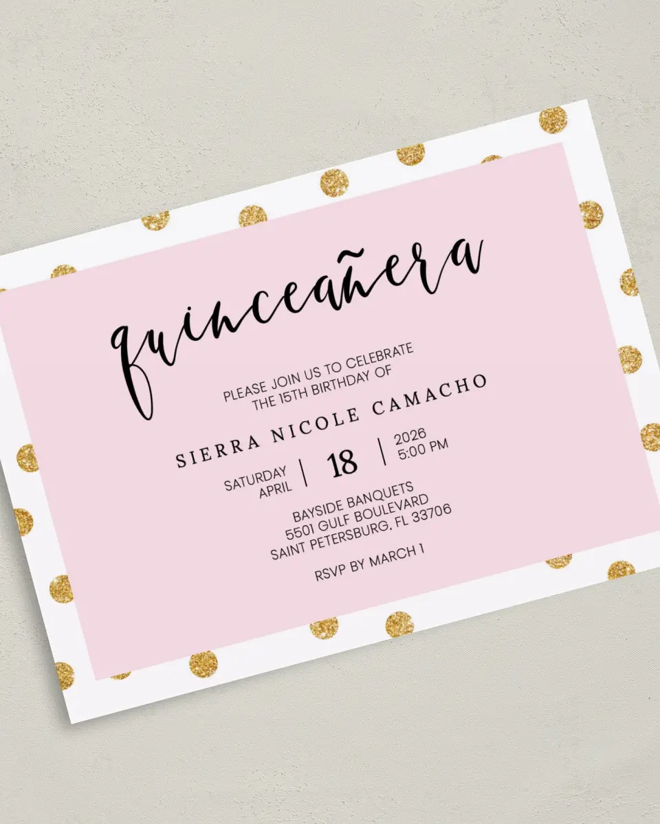 This is a 5" x 7" Quinceanera Invitation called Quince Glam printed in full color on Premium Smooth paper