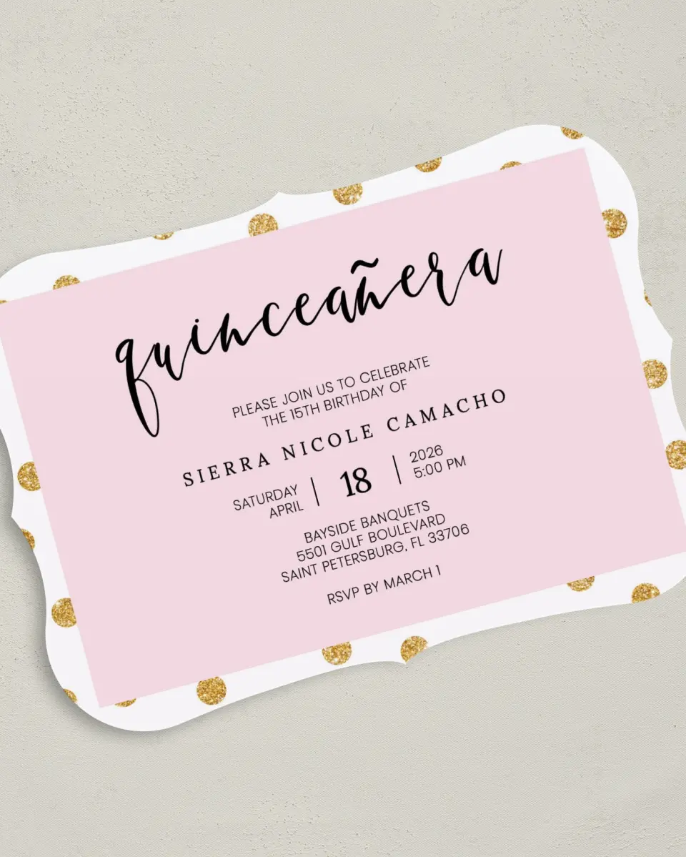 This is a 5" x 7" Quinceanera Invitation called Quince Glam printed in full color on Premium Smooth paper