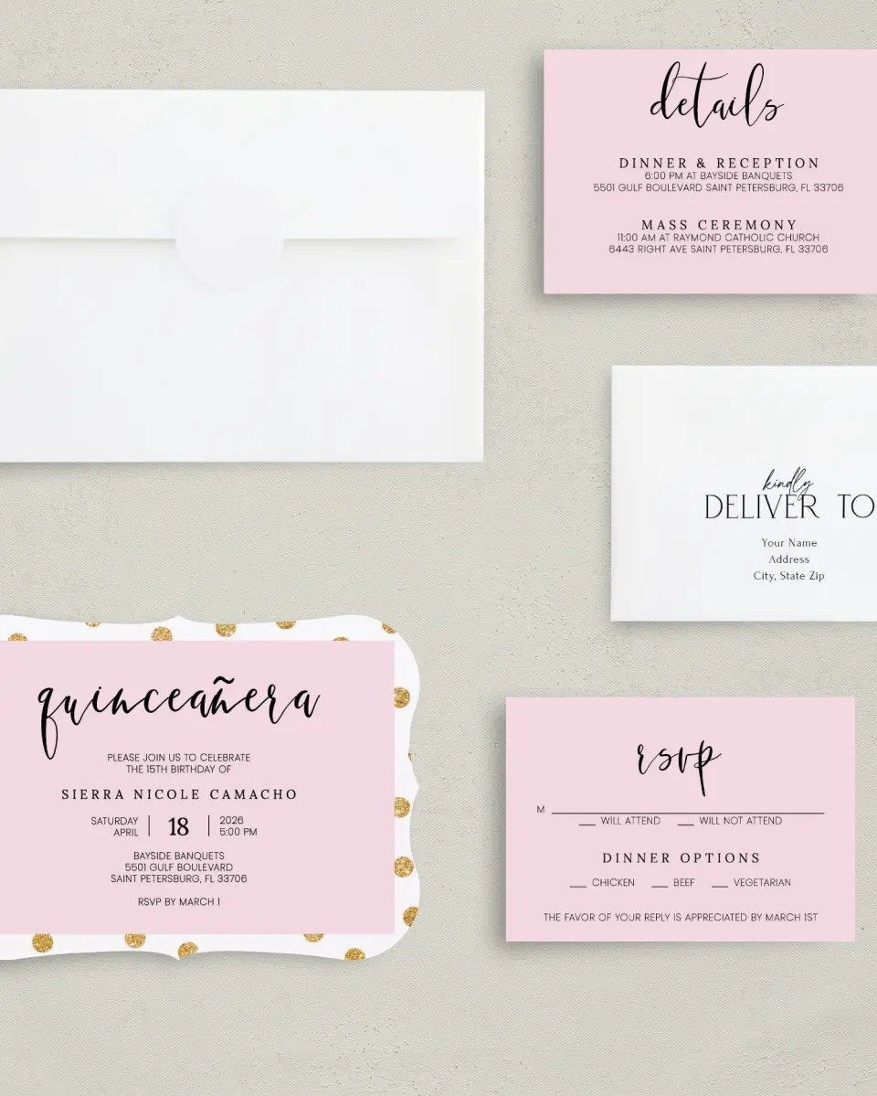 This is a 5" x 7" Quinceanera Invitation called Quince Glam printed in full color with Silver foil on Luxe Satin (coated) paper