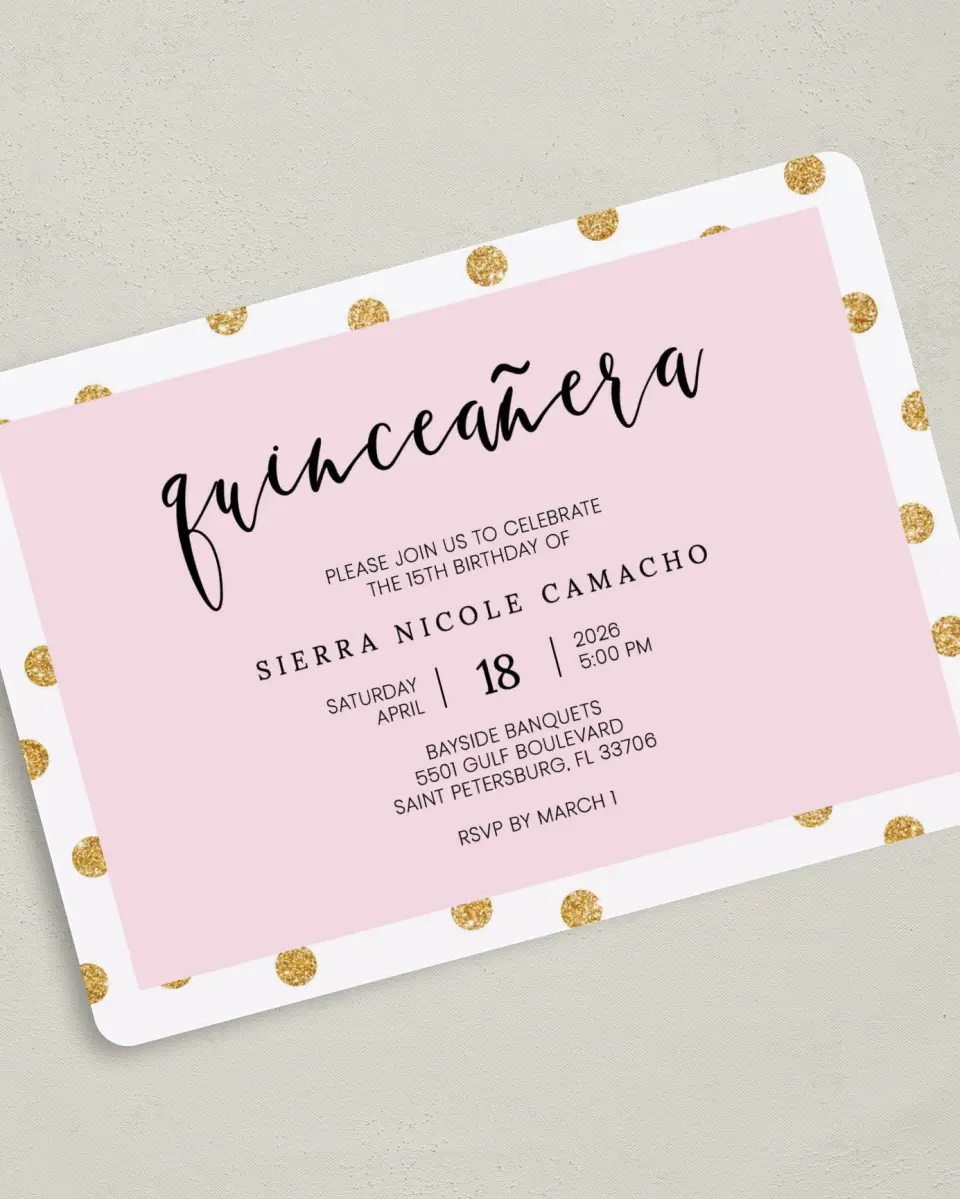 This is a 5" x 7" Quinceanera Invitation called Quince Glam printed in full color on Premium Smooth paper