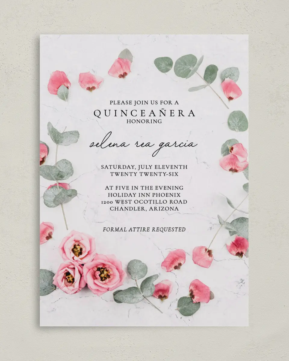 This is a 5" x 7" Quinceanera Invitation called Lovely Blooms printed in full color on Premium Smooth paper